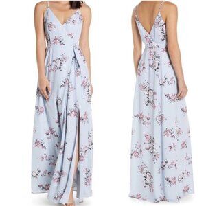 WAYF Angelina Slit Floral Wrap Gown Blue Size Medium